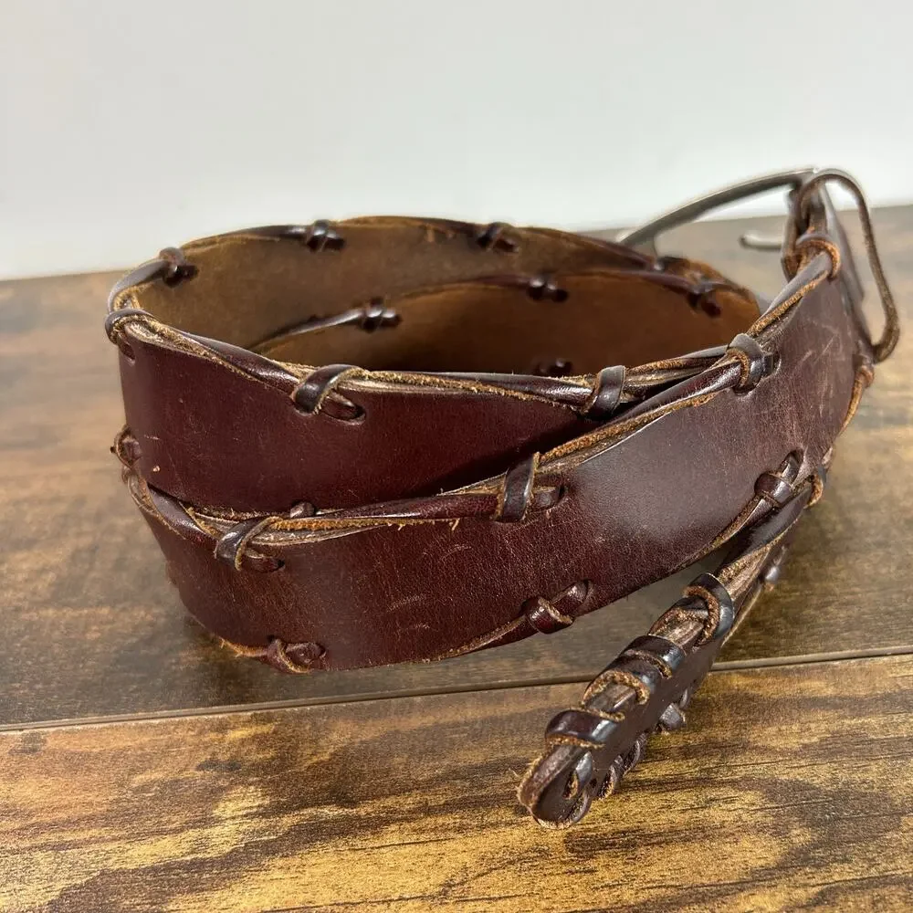 REI Brown Leather Belt Solid Silver Buckle Mens 36 Distressed Wrap Braid Detail